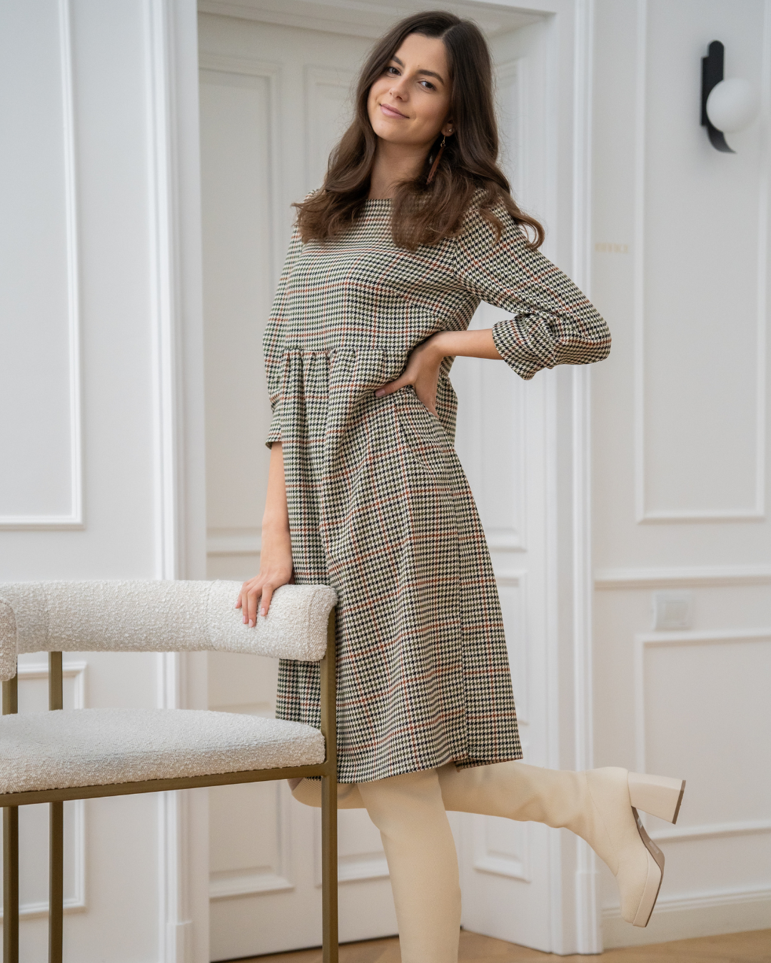 Pria Dress - Houndstooth Check Tweed